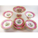 A Victorian floral dessert service painted flowers within gilt and pink borders comprising: eight