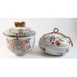 A Portuguese porcelain pumpkin form box 19cm wide and an Oriental Catholic religious pot and lid,