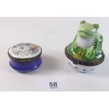 A china frog form trinket box and an enamel trinket box