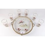 A vintage liqueur set of six small glasses and tray printed huntsmen