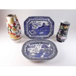 Two small blue and white meat plates and two vases