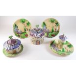 A group of six items by Mabel Leigh comprising: Pagoda teapot, sugar castor, butter dish and three