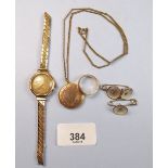 A 9 carat gold wedding band 5g, a 9 carat gold circular locket on gold plated chain, a 9 carat