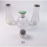 Two silver collared spill vases, a silver and enamel scent bottle and a silver topped toiletry pot
