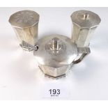 A silver Art Deco three piece cruet set, Birmingham 1947, 264g