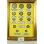 A glazed frame collection of silver coinage including: Geo III & Geo IV shillings, Victoria