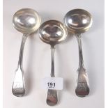 A pair of silver sauce ladles 1818 by Francis Higgins, 153g and another silver sauce ladle, 46g