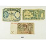 Three World banknotes including Hong Kong and Shanghai bank dollar 1935 No. H490.298. Germany