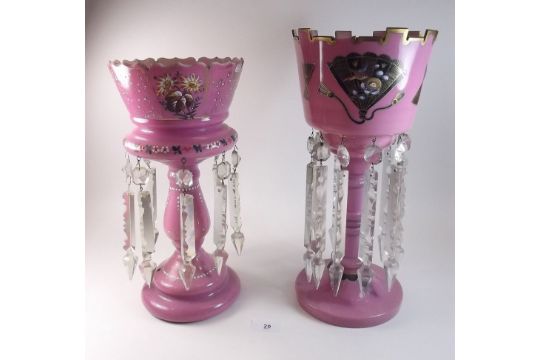 Two pink glass lustres with painted decoration