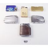 A Dunhill cigarette lighter, three Ronson lighters and two others