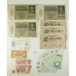 A wad of Bank of England notes including: 10 shillings, JS Fforde pre-fix 17z and B47N, £1 green DHF