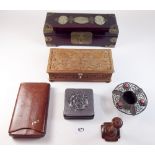A box of treen, leather cigar holder etc