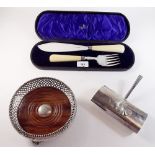 A Walker and Hall pair of fish servers with ivory handles, a silver plated coaster and a silver