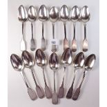 A set of eight silver dessert spoons, London 1850 - 313g and four other silver dessert spoons -