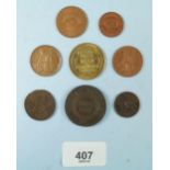 A miscellaneous quantity of coins and tokens including four Ironbridge Gorge Museum tokens, Victoria