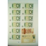 A quantity of bank of England banknotes including: 10 shillings prefix 87D, and (10) £1 green J B