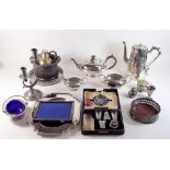 A box of silver plated items including James Dixon teapot