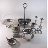 A silver plated decanter stand and various silver plated items including a spoon warmer