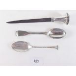 A silver plated paper knife and two silver spoons