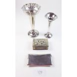 A silver card case and a silver spill vase plus EPNS match box cover and vase