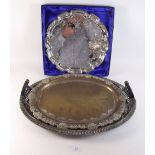 A Victorian silver plated tray with ebony handles and two other trays