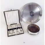 A silver plated wine coaster, salver and set of cake forks