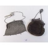 A silver plated chain evening bag with belt hook and a silver plated mounted fabric evening bag with