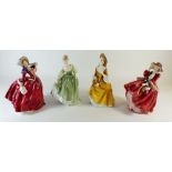 Four Royal Doulton figures comprising Autumn Breezes, Top O The Hill, Fair Lady and Sandra