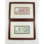 Two framed Bank of England notes: a ten shilling note with prefix: 53c JQ Hollom 1962 - 66, and a