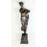 A silvered metal figure of a classical woman on plinth - 46 cm (detached from plinth at present)