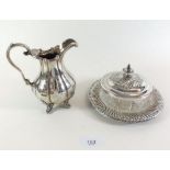 A James Dixon and Sons silver plated art glass butter dish, together with a silver plated jug
