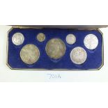 A Victoria 1887 Jubilee silver made up coin set in case. Seven coins in total from crown to