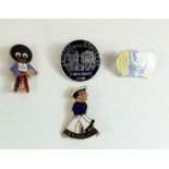 A group of four badges including Butlins 1955, HMS Vanguard, Robertson Golly and Bristol Observer