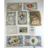 A group of seven doily edged Valentine cards etc