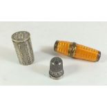 A Charles Horner silver thimble, an enamel etui and a small silver plated cylindrical box