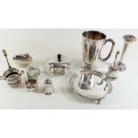 A selection of various silver plated items including tankard, lighter, and a small salver by