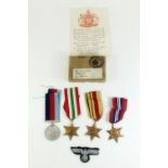 A WWII medal group of four medals boxed to P F Manson and certificate to Flying Officer C J Dibden