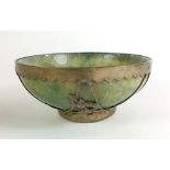 A Chinese spinach green jade bowl with brass metal overlay with a cockerel and dragon design -