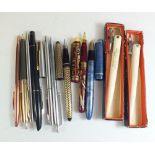 A selection of miscellaneous fountain and ballpoint pens together with two Uno draughtsman pens.
