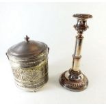 A 19th century Sheffield plated telescopic candlestick together with a silver plated barrel with