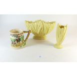 A Sylvac yellow bough vase and matching smaller vase plus a Widdecombe Fair mug