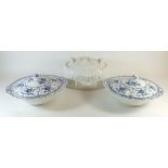 A white Portmeirion game tureen and a pair of Indies Johnson Bros. blue and white tureens