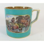 A 19th century Pratt Ware mug with printed decoration of peasant scenes on a green ground