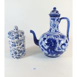 A blue and white continental Faience water pot and a Burleigh Ware pot