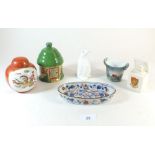 A group of various ornaments including Coalport Penguin and Imari oval pin dish