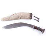 Indian kukri knife with 13 ins blade, wood grips with steel pommel, in covered wooden sheath with
