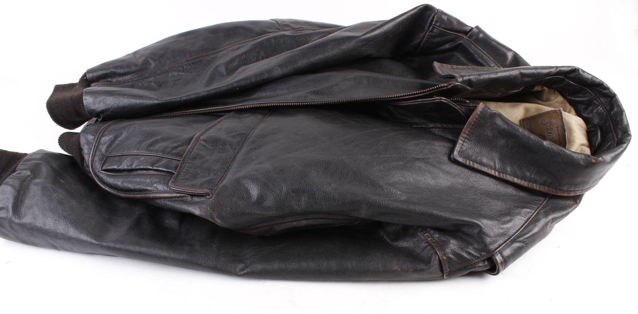 Black leather flying type jacket, size XL