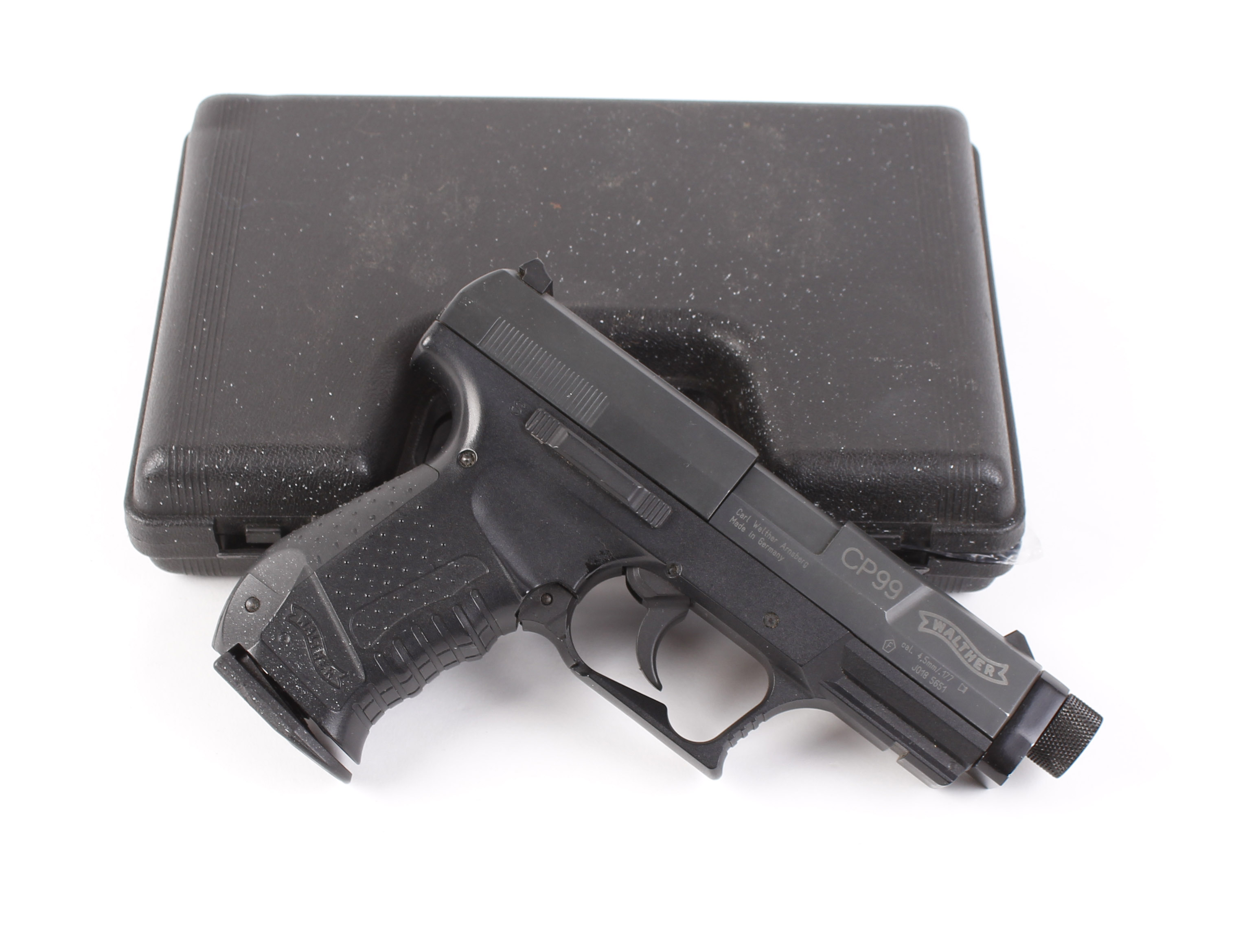 4.5mm Walther CP99 Co2 semi automatic air pistol, two magazines, with clip on laser sight, in hard