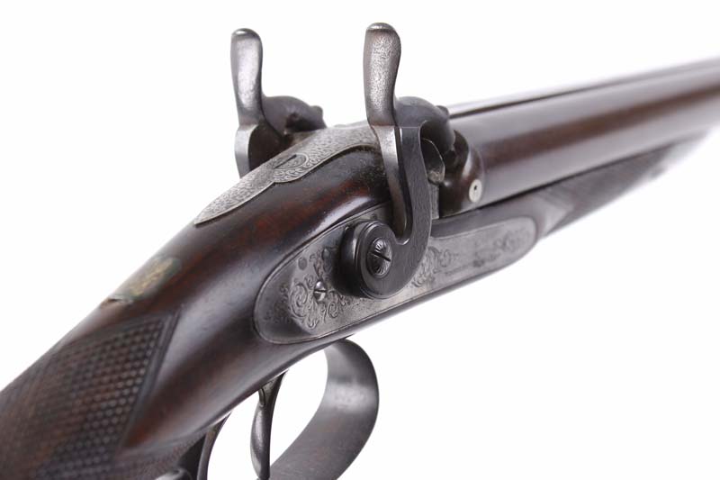 S58 12 bore Percussion double sporting gun by Westley Richards, 29½ ins brown damascus barrels, - Image 7 of 7