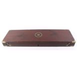 Mahogany gun case with brass corners, inset brass ring handle inscribed GLASGOW, the interior